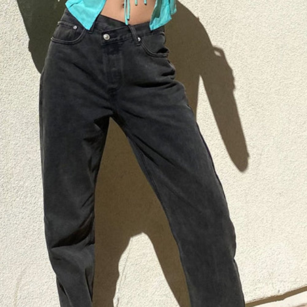 Princess Polly Holly Straight Leg Asymmetric Jeans - Black Denim